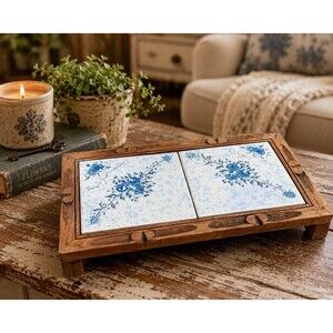 Vintage Mexican Tile Trivet Wood Serving Stand Blue Floral Kitchen Decor Rustic